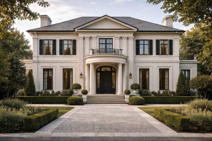 Arquitetura Residencial Clássica: Tradição, Elegância e Identidade Atemporal e com fachada simétrica e elementos tradicionais e com jardim elegante.