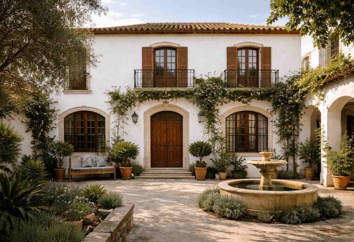 Arquitetura Residencial Espanhola com jardim e fonte central.