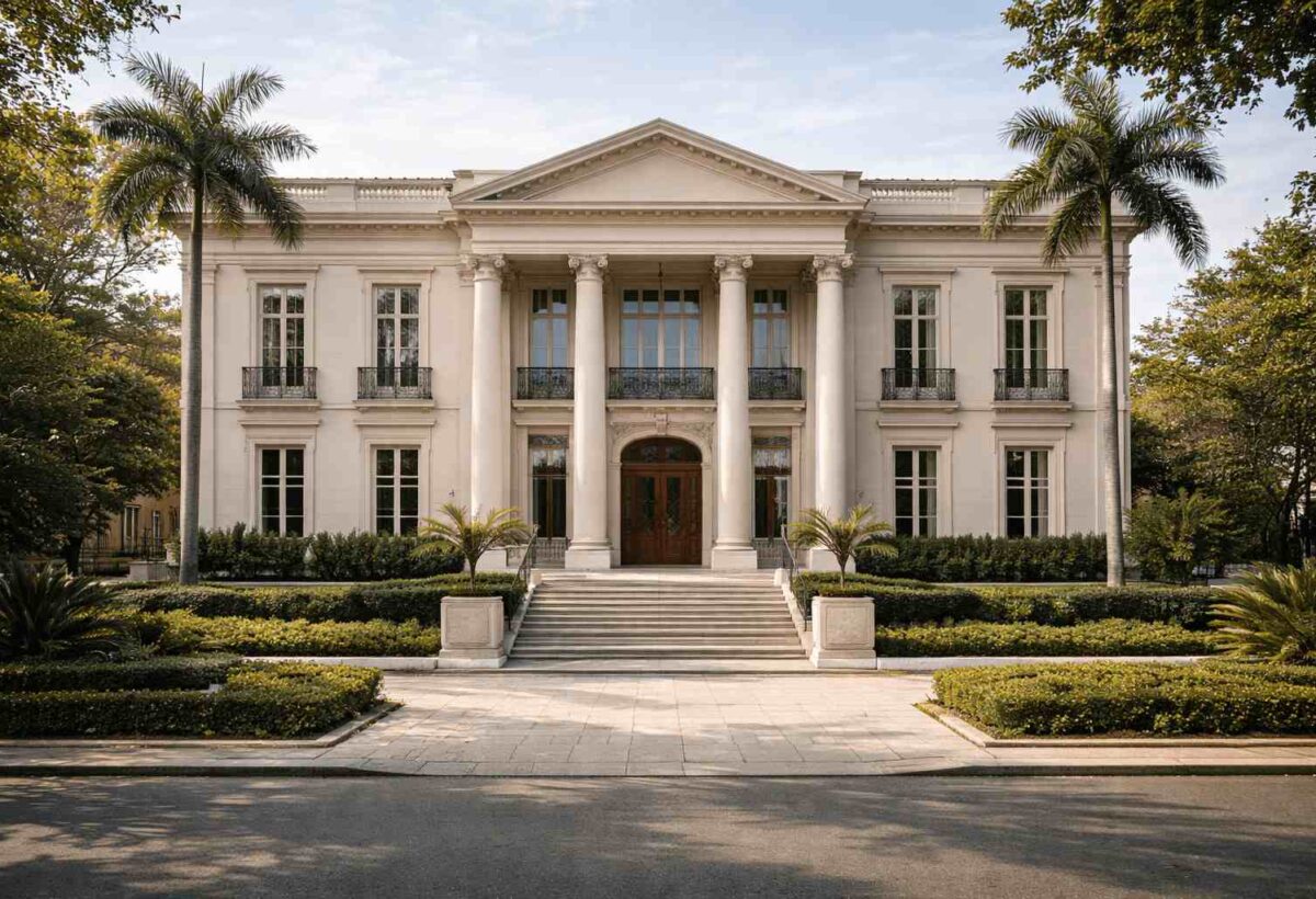 Os estilos de Arquitetura de casa neoclássica com um lindo jardim